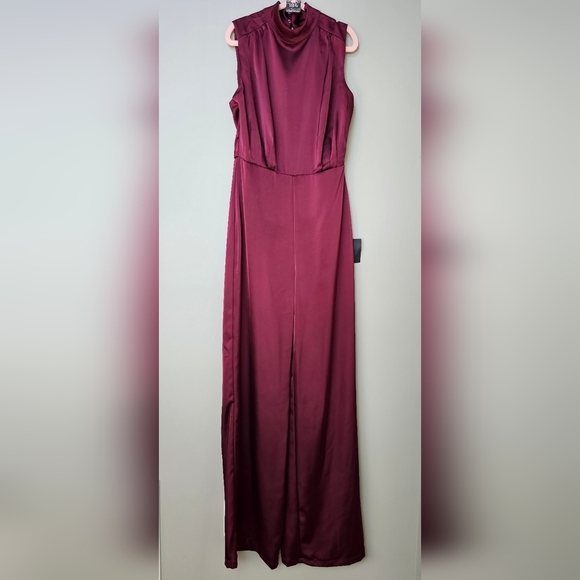 Lulus Classic Elegance Wine Red Satin Sleeveless Mock Neck Jumpsuit, Size Small - Picture 9 of 11
